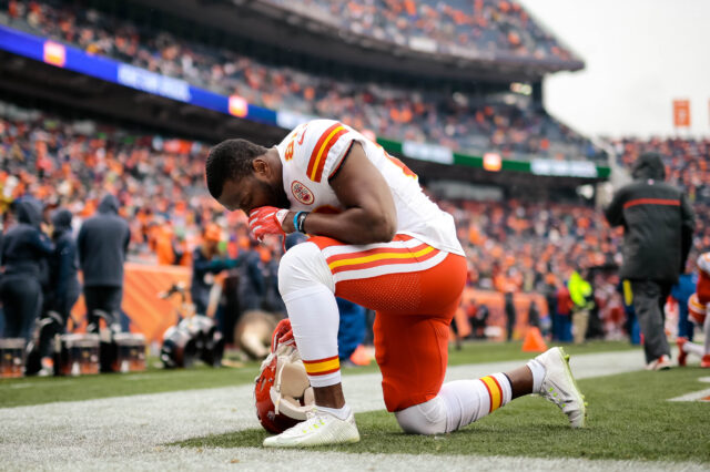 Kansas City Chiefs tight end Orson Charles (82) before the game against the Denver Broncos at Sports Authority Field at Mile High.