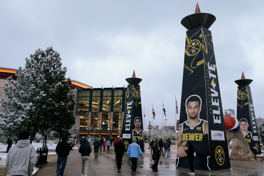 Fans walk to the entrance before game one of the second round of the 2019 NBA Playoffs between the Denver Nuggets and the Portland Trail Blazers at the Pepsi Center.