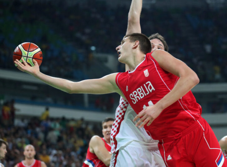 Serbia center Nikola Jokic (14) shoots the ball against Croatia during the men's basketball quarterfinals in the Rio 2016 Summer Olympic Games at Carioca Arena 1.