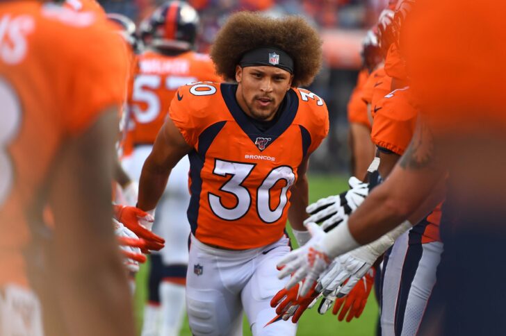 Denver Broncos running back Phillip Lindsay (30) before the game against the San Francisco 49ers at Broncos Stadium at Mile High.