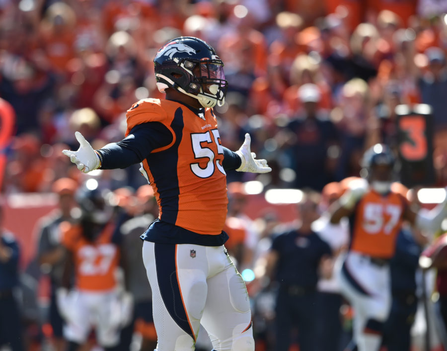 Denver Broncos outside linebacker Bradley Chubb (55) celebrates sacking Jacksonville Jaguars quarterback Gardner Minshew (15) in the second quarter at Empower Field at Mile High.