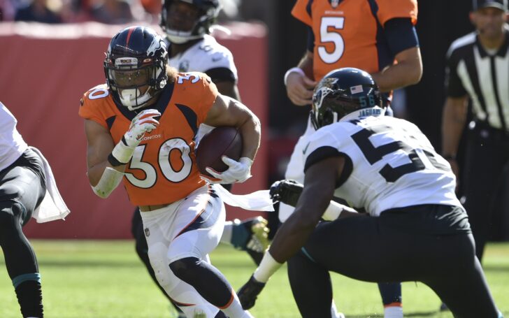 Phillip Lindsay on his 28-yard run. Credit: Michael Madrid, USA TODAY Sports.