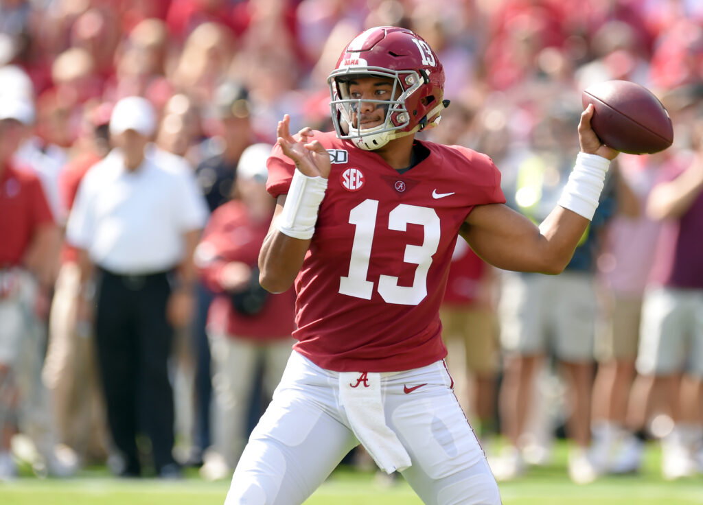 Alabama Crimson Tide quarterback Tua Tagovailoa (13) drops back to pass against during the first quarter at Bryant-Denny Stadium.