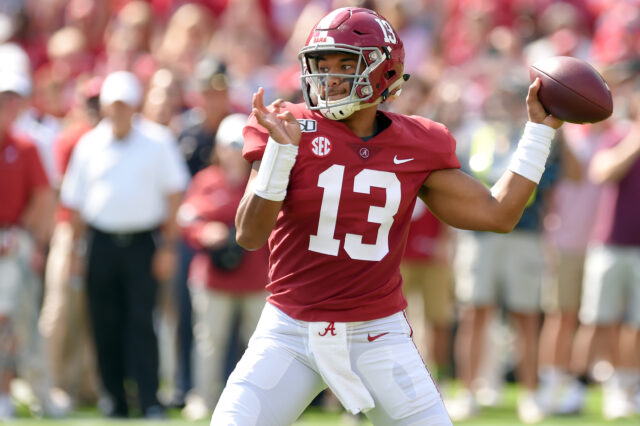 Alabama Crimson Tide quarterback Tua Tagovailoa (13) drops back to pass against during the first quarter at Bryant-Denny Stadium.