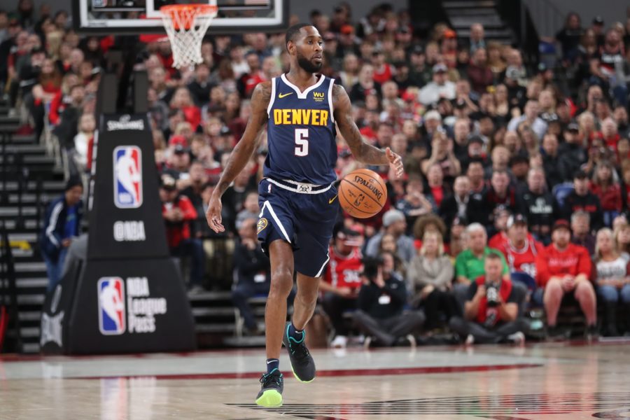 Denver Nuggets guard Will Barton (5) dribbles the ball against the Portland Trail Blazers in the first half at Veterans Memorial Coliseum.