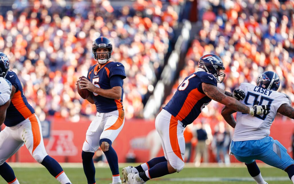 Dalton Risner blocks for Joe Flacco. Credit: Isaiah J. Downing, USA TODAY Sports.