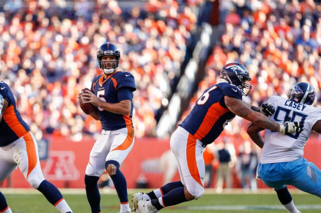 Dalton Risner blocks for Joe Flacco. Credit: Isaiah J. Downing, USA TODAY Sports.