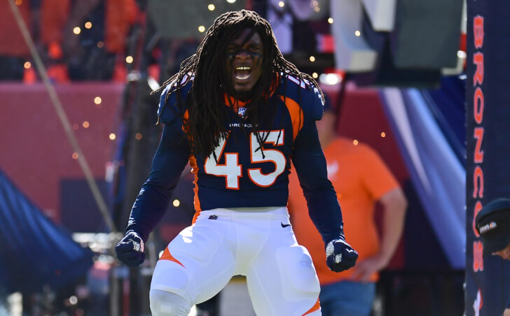 Denver Broncos linebacker Alexander Johnson (45) enters the field before the game against the Tennessee Titans at Empower Field at Mile High.