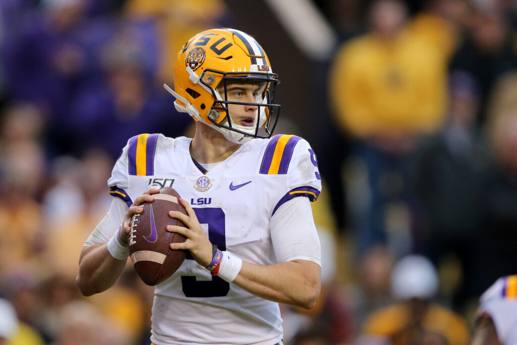 LSU Tigers quarterback Joe Burrow (9) looks to throw against the Auburn Tigers in the second half at Tiger Stadium.