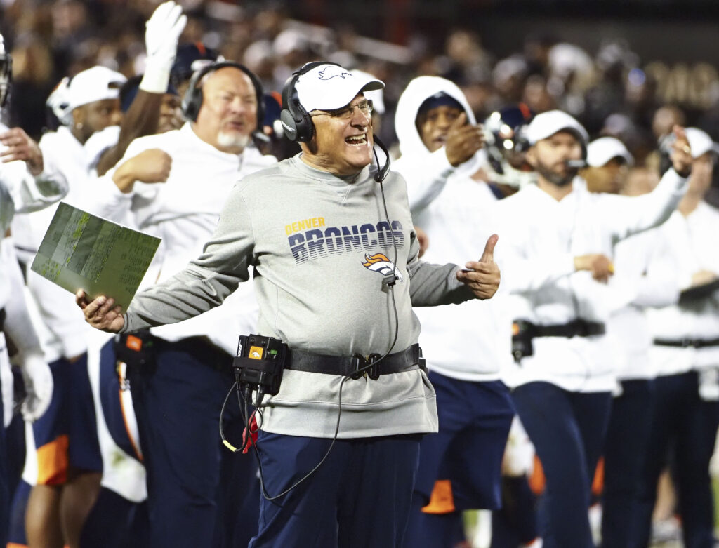 Denver Broncos head coach Vic Fangio calls for a player to get off the field during the fourth quarter against the Oakland Raiders at Oakland Coliseum.