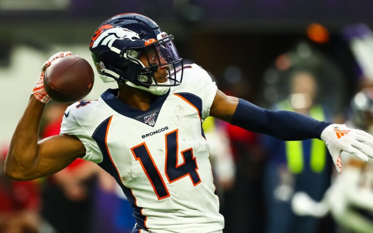 Courtland Sutton throws the ball for a huge gain. Credit: David Berling, USA TODAY Sports.