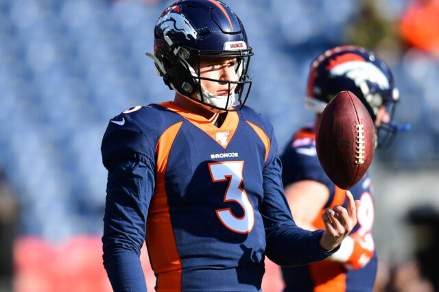 Denver, CO, USA; Denver Broncos quarterback Drew Lock (3) before the game against the Los Angeles Chargers at Empower Field at Mile High.