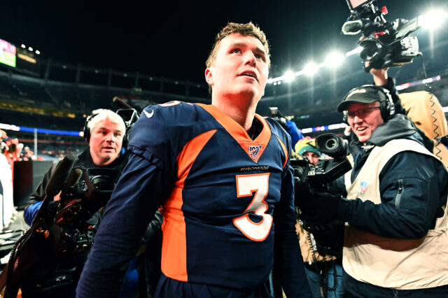 Denver Broncos quarterback Drew Lock (3) following the win over the Los Angeles Chargers at Empower Field at Mile High.