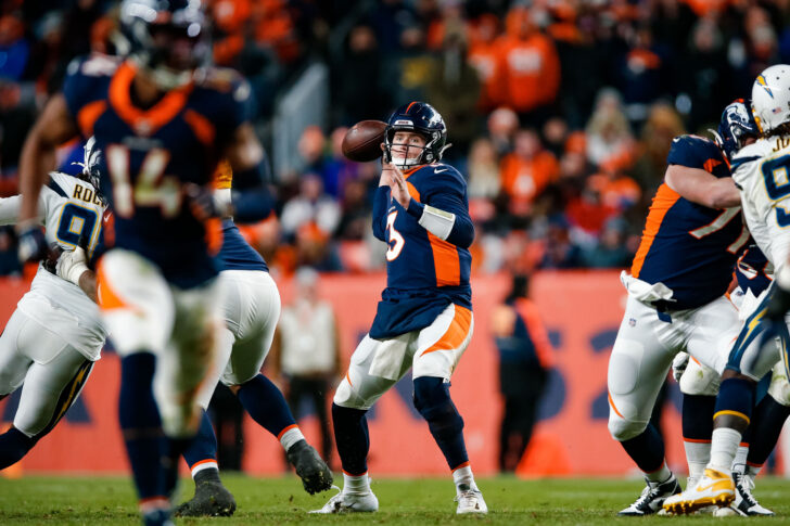 Denver Broncos quarterback Drew Lock (3) looks to pass in the fourth quarter against the Los Angeles Chargers at Empower Field at Mile High.