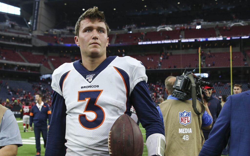 Drew Lock after his first career road win last week. Credit: Troy Taormina, USA TODAY Sports.