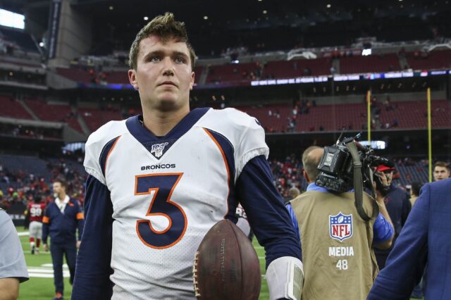 Drew Lock after his first career road win last week. Credit: Troy Taormina, USA TODAY Sports.