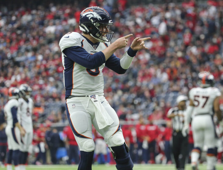 Denver Broncos quarterback Drew Lock (3) reacts after a touchdown by running back Phillip Lindsay (not pictured) during the third quarter against the Houston Texans at NRG Stadium.