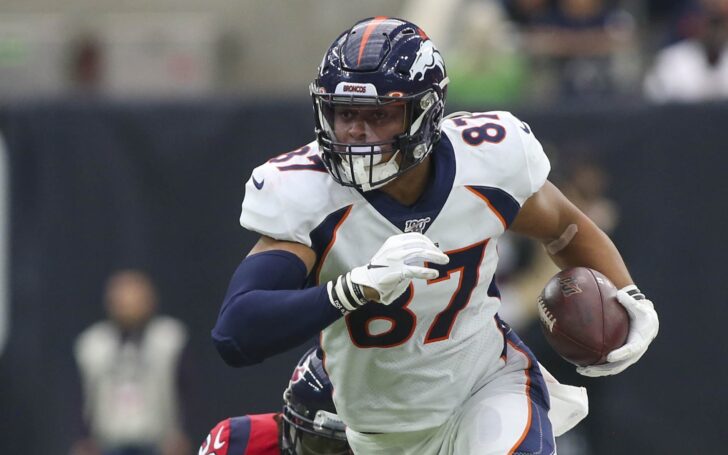 Noah Fant runs for a big gain. Credit: John Glaser, USA TODAY Sports.