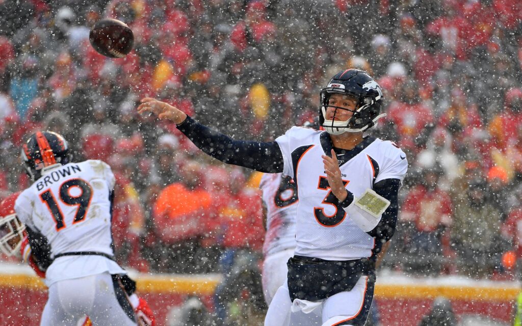 Drew Lock pass in Kansas City. Credit: Denny Medley, USA TODAY Sports.