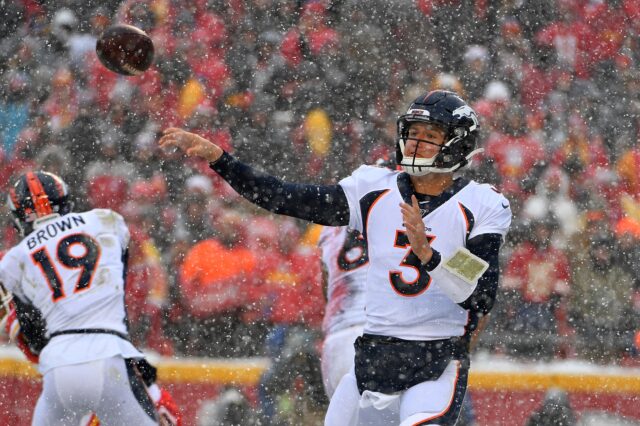 Drew Lock pass in Kansas City. Credit: Denny Medley, USA TODAY Sports.