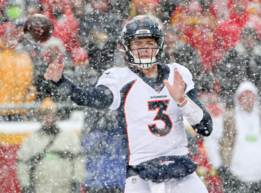 Denver Broncos quarterback Drew Lock (3) throws a pass against the Kansas City Chiefs during the second half at Arrowhead Stadium.