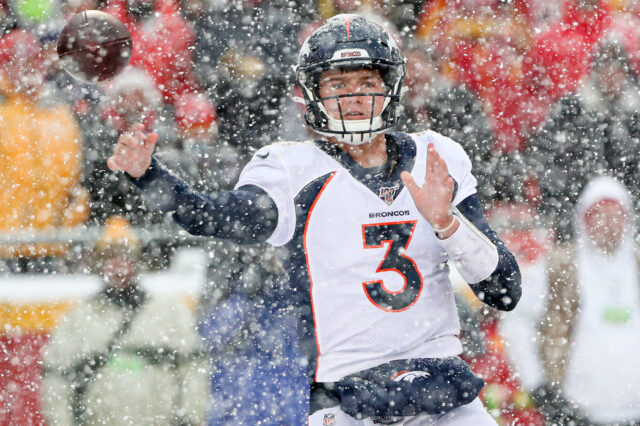 Denver Broncos quarterback Drew Lock (3) throws a pass against the Kansas City Chiefs during the second half at Arrowhead Stadium.