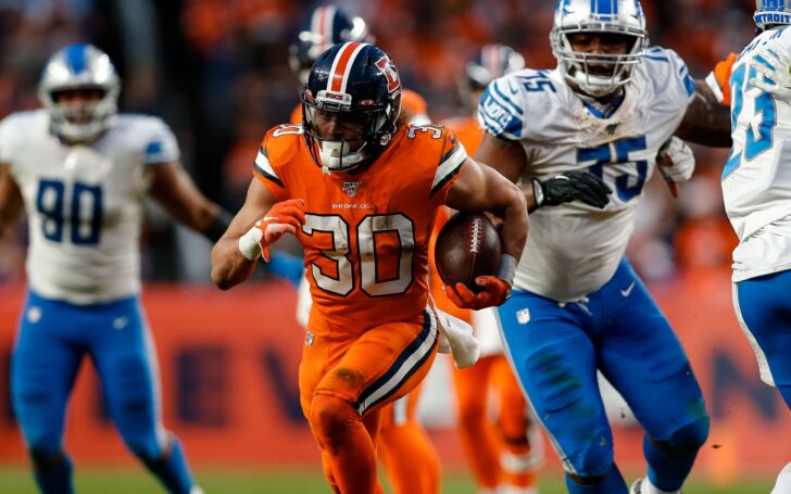 Phillip Lindsay runs away from the Lions. Credit: Isiah J. Downing, USA TODAY Sports.