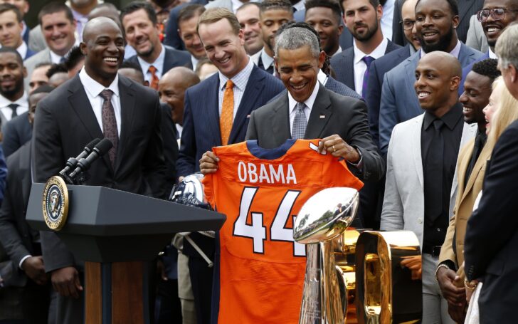 DeMarcus Ware, Peyton Manning, Von Miller and Barack Obama celebrate Denver's Super Bowl 50 win. Credit: Geoff Burke, USA TODAY Sports.