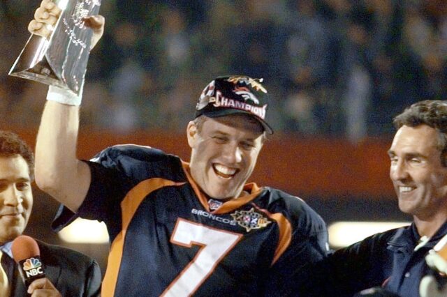 John Elway and Mike Shanahan celebrate Super Bowl XXXII win. Credit: H. Darr Beiser, USA TODAY Sports.