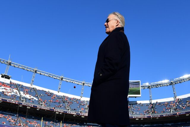 John Elway at the Broncos - Raiders game in Week 17 of 2019. Credit: Ron Chenoy, USA TODAY Sports.