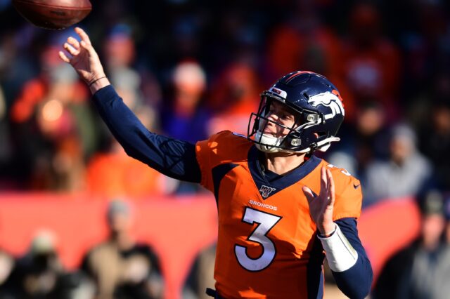 Drew Lock throws deep. Credit: Ron Chenoy, USA TODAY Sports.