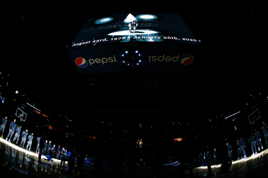 A tribute to Kobe Bryant is shown on the video board before the game between the Denver Nuggets and the Houston Rockets at the Pepsi Center.