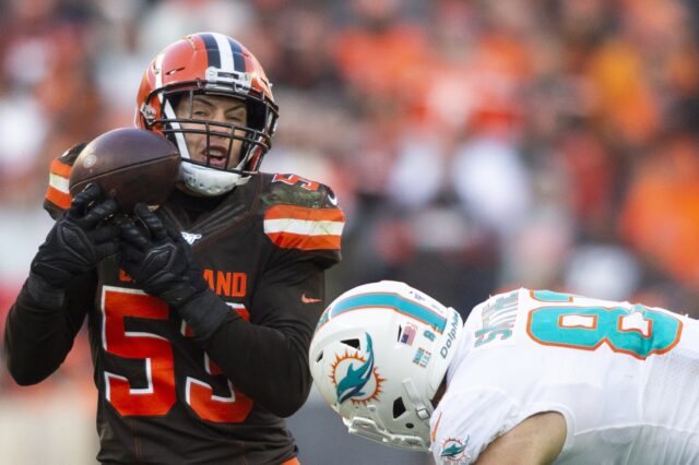 Joe Schobert picks off a pass. Credit: Scott Galvin, USA TODAY Sports.