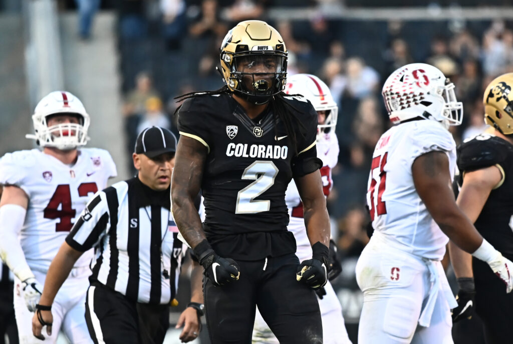 Colorado Buffaloes wide receiver Laviska Shenault Jr. (2) celebrates after his successful fourth down carry against the Stanford Cardinal during the fourth quarter at Folsom Field.