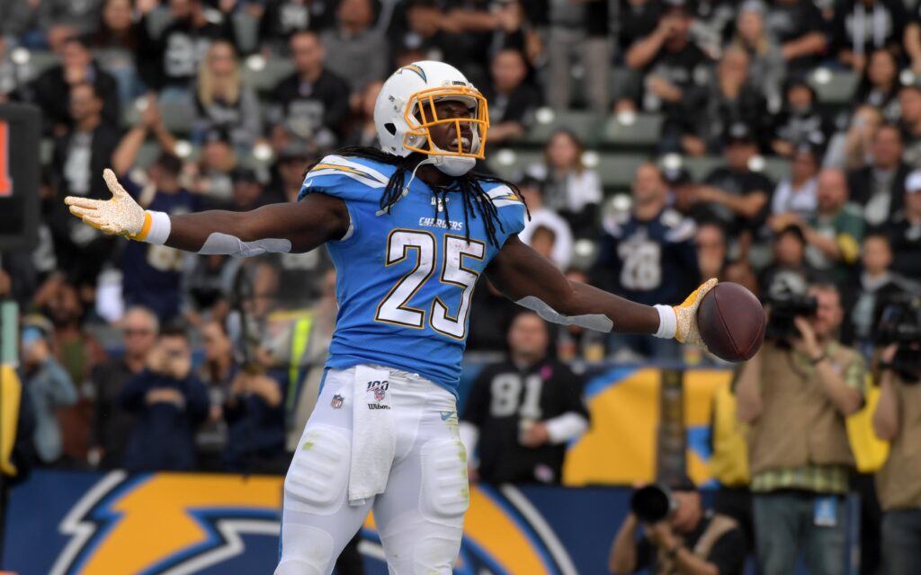 Melvin Gordon celebrates a touchdown. Credit: Kirby Lee, USA TODAY Sports.