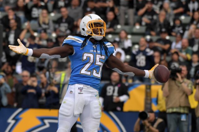 Melvin Gordon celebrates a touchdown. Credit: Kirby Lee, USA TODAY Sports.