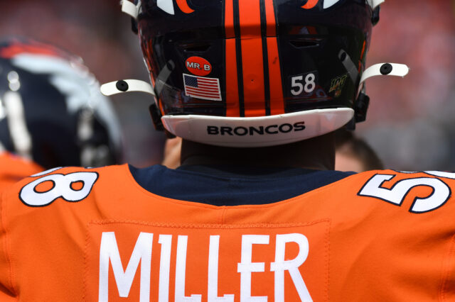 Detail view of the helmet of Denver Broncos outside linebacker Von Miller (58) in the first quarter against the Chicago Bears at Empower Field at Mile High.