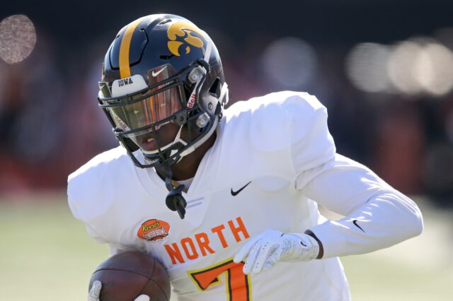 Michael Ojemudia at the Senior Bowl. Credit: Chuck Cook, USA TODAY Sports.