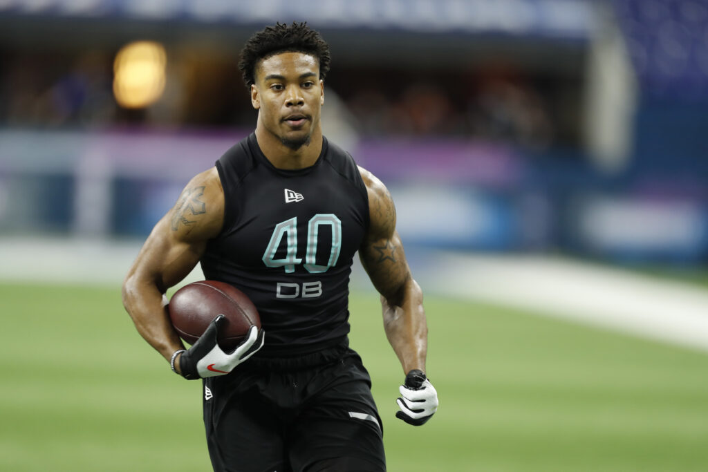 Southern Illinois defensive back Jeremy Chinn (DB40) goes through pass catching workout drills during the 2020 NFL Combine at Lucas Oil Stadium.