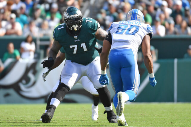 Philadelphia Eagles offensive tackle Jason Peters (71) looks to block Detroit Lions defensive end Trey Flowers (90) at Lincoln Financial Field.