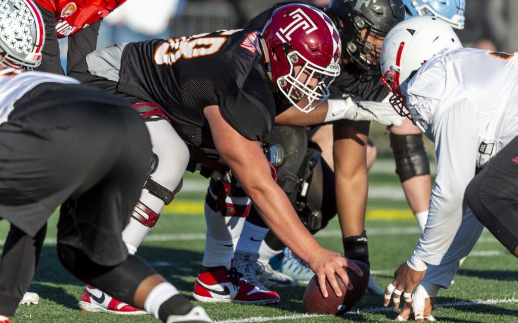 Matt Hennessy at the Senior Bowl. Credit: Vasha Hunt, USA TODAY Sports.