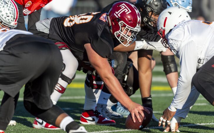 Matt Hennessy at the Senior Bowl. Credit: Vasha Hunt, USA TODAY Sports.