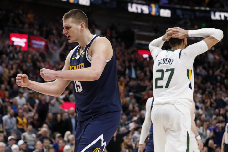 Denver Nuggets center Nikola Jokic (15) reacts after a foul against Utah Jazz guard Joe Ingles (2) (not pictured) during the fourth quarter at Vivint Smart Home Arena.