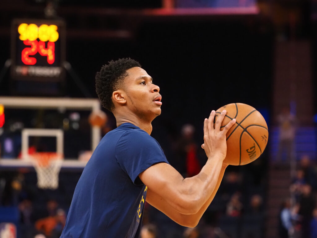 San Francisco, California, USA; Denver Nuggets guard PJ Dozier (35) warms up before the game against the Golden State Warriors at Chase Center.