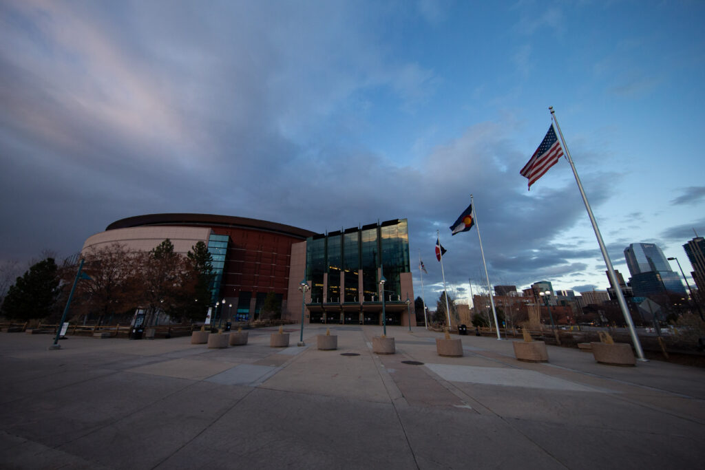 A general view of the Pepsi Center where the game between the Colorado Avalanche and Vancouver Canucks was cancelled after the postponement of the NHL season due to the COVID-19 coronavirus.