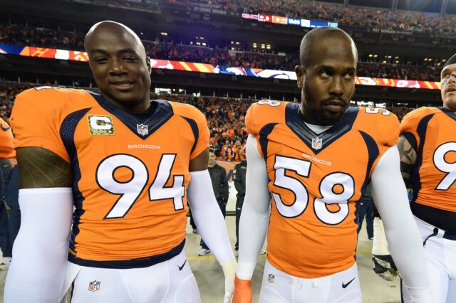 DeMarcus Ware, Von Miller and Derek Wolfe. Credit: Ron Chenoy, USA TODAY Sports.