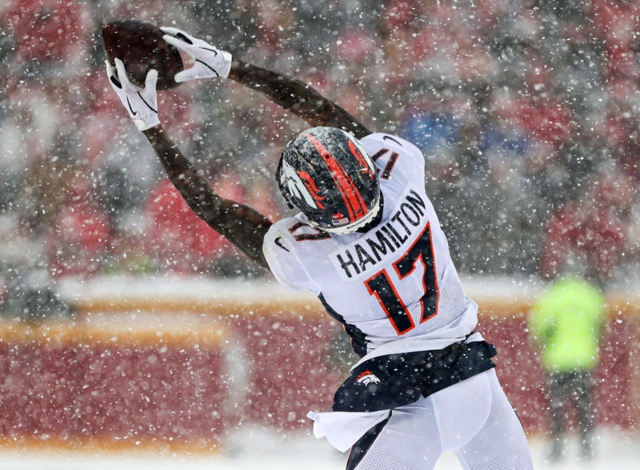 Denver Broncos wide receiver DaeSean Hamilton (17) bobbles the ball during the second half against the Kansas City Chiefs at Arrowhead Stadium.