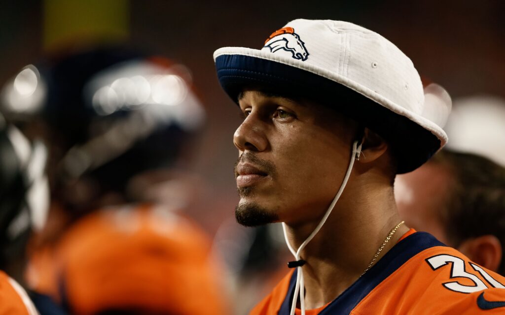 Justin Simmons on the sideline. Credit: Isaiah J. Downing, USA TODAY Sports.