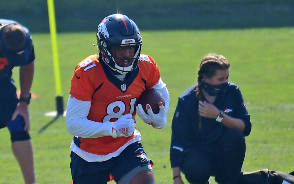 Tim Patrick makes a catch, Day 1 of 2020 training camp. Credit: Ron Chenoy, USA TODAY Sports.