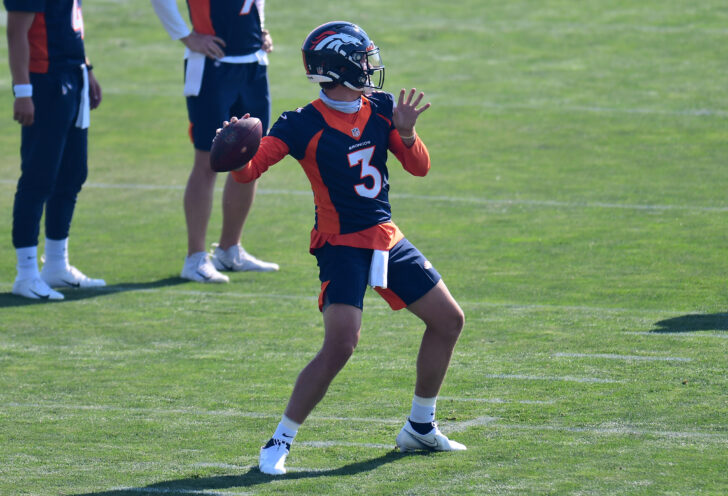 Denver Broncos quarterback Drew Lock (3) prepares to throw the ball during training camp at the UCHealth Training Center.